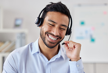 Image showing Smile, call center and Asian man telemarketing, customer service or technical support. Crm, contact us and sales agent, consultant and employee working at business help desk, consulting and listening