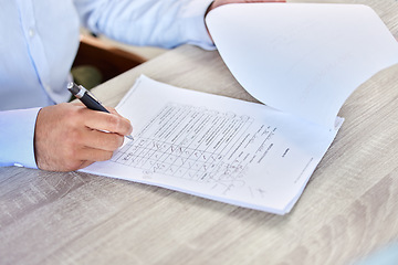 Image showing Man, hands and writing on medical questionnaire, paperwork or healthcare application on desk at the clinic. Hand of male person, customer or patient rating hospital form, survey or document on table