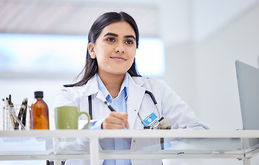 Image showing Healthcare, woman and doctor writing, thinking or planning with ideas, innovation or schedule. Female person, employee or medical professional with thoughts, deadline or laptop with wellness or notes