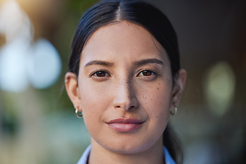 Image showing Woman, serious and portrait in a closeup with thinking in the outdoor with an idea in mexico. Face, female person and beauty with focus and calm with vision, eye and skin with concentration for goal.