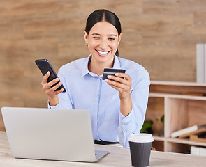 Image showing Happy business woman, phone and credit card for online shopping, payment or banking at the office. Excited female person, shopper or employee with smile in ecommerce on mobile smartphone at workplace