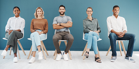 Image showing Group, business people and chair portrait by wall with smile, diversity and waiting room for hr recruitment. Men, women and smile together for interview, human resources and hiring for job at startup