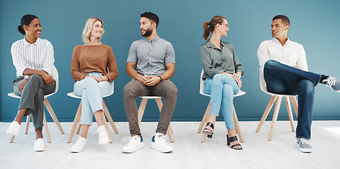 Image showing Interview queue, business people and talk by wall with smile, diversity and waiting room for hr recruitment. Men, women and happy together for interview, human resources and hiring for job at startup