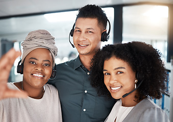 Image showing Selfie, call center and happy team together for telemarketing, sales and crm work. Face of diversity women and a man for social media photo as contact us, customer service and help desk support staff