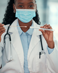 Image showing Healthcare, woman doctor with face mask and sterile swab stick at a hospital, Medical checkup, corona test and African female nurse with facial protection for covid or health wellness at a clinic