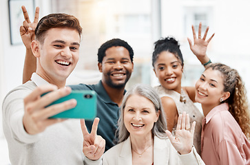 Image showing Group, diversity and selfie of teamwork in business or team in creative company smile together. Phone, colleagues and professional corporate office workers in happy picture for about us website