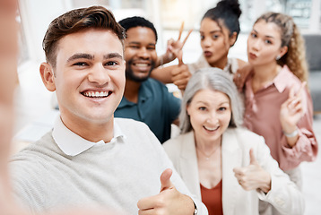 Image showing Diversity, group and happy selfie of business team or creative company smile and pose together. Smile, colleagues and office workers in picture of people in collaboration for about us website