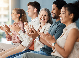 Image showing Clapping, business meeting and woman portrait for celebration, winning and cheers, yes or success and thanks. Happy applause, audience and group of women, men or team, achievement or congratulations