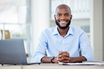 Image showing Portrait, black man and business writer in office with pride for career or company job. Face, smile and professional, entrepreneur and male copywriter from South Africa with success mindset at work.
