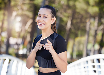 Image showing You, portrait of runner or happy woman pointing in park ready for a workout, exercise or fitness training. Face, sports girl or excited athlete with smile, positive mindset or wellness in nature