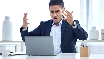 Image showing Laptop, glitch and angry business man with problem, fail and crisis in office. Computer, anger and frustrated male professional with error, 404 or mistake, lost data and slow internet connection.