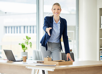 Image showing Portrait, business and woman with handshake, cooperation and agreement with a deal, negotiation and collaboration. Face, female person or employee shaking hands, job interview and hiring with welcome