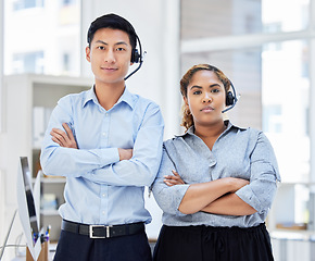 Image showing Call center, portrait and team together in office with headset for telemarketing sales. Diversity workplace with serious man and woman agent focus on customer service, contact us or crm support