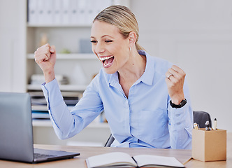 Image showing Success, laptop and business woman in office for winner, promotion and bonus. Achievement, celebration and online news with female employee and fist pump for goals, competition and target