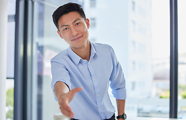 Image showing Closeup, handshake and portrait of business man for networking, job interview or welcome. Thank you, contract and hiring with asian male employee in office for negotiation, consulting and partnership