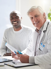 Image showing Brochure, consulting and portrait with doctor and patient for medical, life insurance or results. Medicine, healthcare and learning with men and pamphlet for support, communication and advice