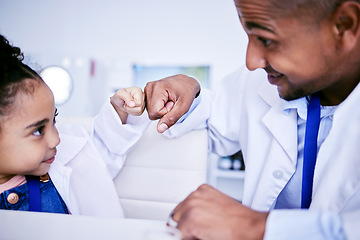 Image showing Family, girl and father with fist bump, science and happiness with development, growth and research. Female child, male parent and daughter in a laboratory, scientist and bonding with love and care