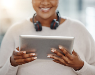 Image showing Hands, tablet and research with a business person searching the internet for information or data. Technology, search and online with an adult employee networking using a wireless portable device