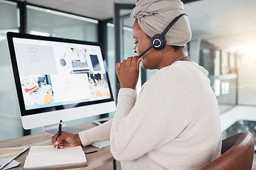 Image showing Call center, black woman and writing notes for customer service schedule, support and contact. Notebook, telemarketing and African female sales agent, consultant or employee consulting at help desk