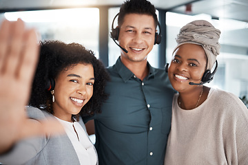 Image showing Call center, selfie and happy team together for telemarketing, sales and crm work. Diversity women and a man smile for social media photo as contact us, customer service and help desk support staff