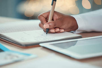 Image showing Writing, tablet and business woman hands research notes, creative notebook and website ideas. Designer, person or worker with journal and digital tech reminder, schedule and planner in night bokeh