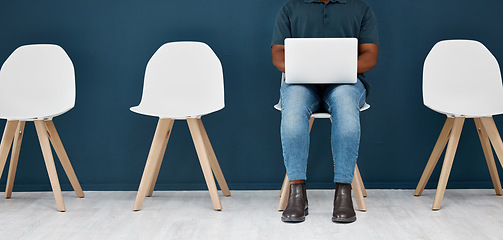 Image showing Job interview, waiting room and man with laptop for email or research while waiting in hr office. Recruitment, opportunity and male candidate online for application, process or we are hiring website