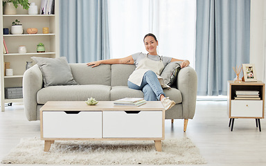 Image showing Cleaning, relax and portrait of woman on sofa for housekeeping service, hygiene and sanitary. Disinfect, cleaner and calm with female maid in living room of home for sanitary, housekeeper and rest