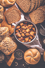 Image showing Assortment of different kind of cereal bakery - bread, pasties, buns, with healthy seeds