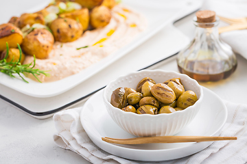 Image showing Grilled olives with whipped feta, ricotta, cheese dip (Tirokafte