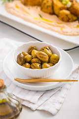 Image showing Grilled olives with whipped feta, ricotta, cheese dip (Tirokafte