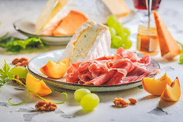 Image showing Cured meat and cheese platter . antipasti and snack board, charc