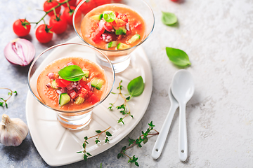 Image showing Tomato gazpacho soup with fresh cucumbers