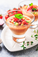 Image showing Tomato gazpacho soup with fresh cucumbers