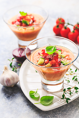 Image showing Tomato gazpacho soup with fresh cucumbers