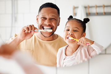 Image showing Child, dad and brushing teeth in a family home bathroom for dental health and wellness in a mirror. Face of african man and girl kid learning to clean mouth with toothbrush and smile for oral hygiene
