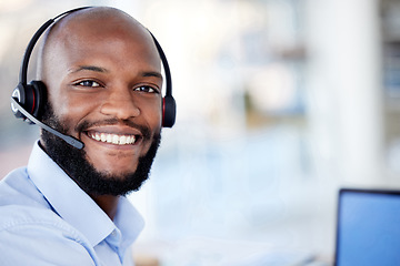 Image showing Call center, headset and smile on face of black man or agent with mockup space for telemarketing. Portrait of african consultant person with microphone for sales, customer service or crm support