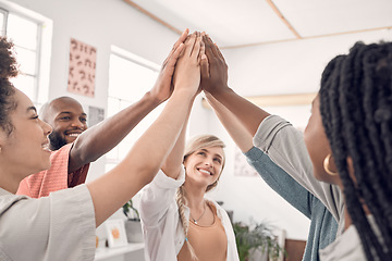 Image showing Teamwork, high five and group of business people with goal, support and collaboration at start up. Happy team, coworking and trust, hands together with smile, employees working with job cooperation.