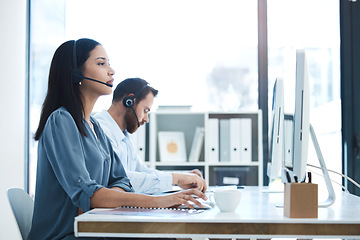 Image showing Call center, people and team in customer service, support or telemarketing on computer at the office. Woman and man consultant, agent or virtual assistant working for online agency at the workplace
