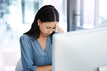 Image showing Stress, headache and woman working at call center with problem, crisis or internet issue. Burnout, migraine and lady consultant with anxiety, glitch or online mistake while consulting in crm or faq