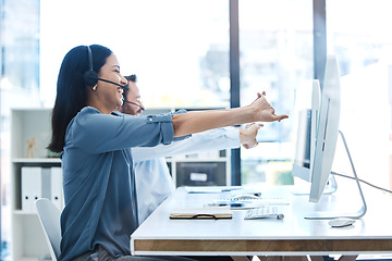 Image showing Call center, team and people stretching while consulting for contact us, crm or customer service in office. Telemarketing, stretch and woman with man consultant online for support, help or service