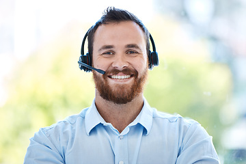 Image showing Happy man, call center and portrait smile in customer service, support or telemarketing at office. Friendly male person or consultant agent smiling for virtual assistant or online advice at workplace