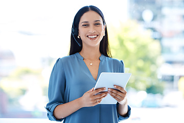 Image showing Woman, portrait and happiness with tablet in the outdoor for online communication as entrepreneur. Female person, tech and employee with a smile in the city with service or conversation on app.