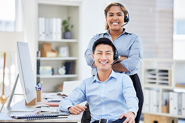 Image showing Call center, portrait and teamwork of people, smile and customer service in crm office. Telemarketing, collaboration and man and woman with confidence, diversity and standing together for solidarity.