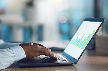 Image showing Hands, marketing and typing on laptop for graphs, working on project and internet infographics. Computer, seo professional and business person with data, analytics and charts for advertising analysis