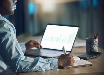 Image showing Man, seo and writing notes with laptop for data, working on project and infographics at night. Computer, professional and business person with notebook for graphs, analytics or charts for deadline.