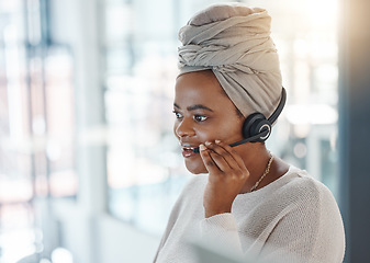 Image showing Listening, call center and black woman telemarketing, customer service and support. Crm, contact us and African female sales agent, consultant or employee working at help desk, consulting or business