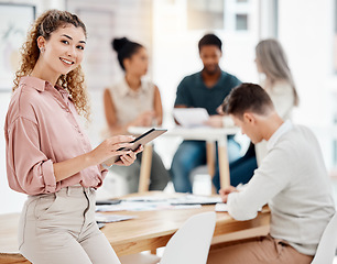 Image showing Portrait, tablet and business woman in creative workspace for website design, blog growth and social media manager. Happy young person in startup company, digital and happy for webdesign or Web 3.0