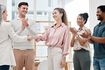 Image showing Handshake, clapping and business women in meeting success, celebration or CEO thank you, onboarding or hiring. Applause, mentorship and people shake hands in achievement, thanks and project promotion