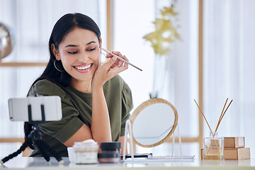 Image showing Makeup influencer, eyeshadow and happy woman streaming tutorial for cosmetics, social media or skincare. Make up artist, live stream and content creator with smile, eye beauty product and broadcast.