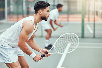 Image showing Man, tennis and team is ready on a court for game and exercise with wellness in india. Male athlete, together and racket for competition with fitness for a challenge with a workout in the outdoor.